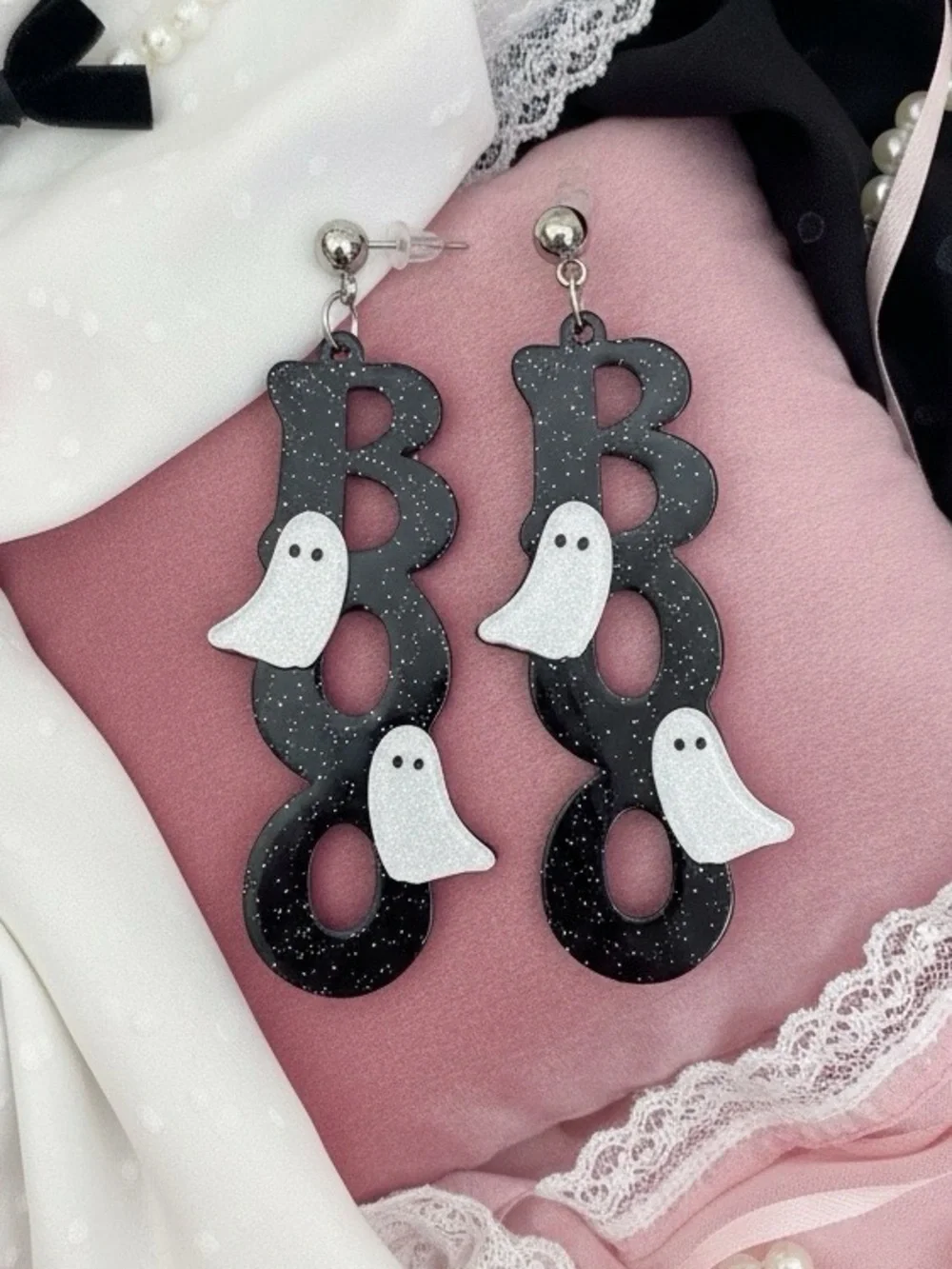 Spooky Season Glam Boo Ghost Statement Earrings Halloween Coquette Sparkly Fall